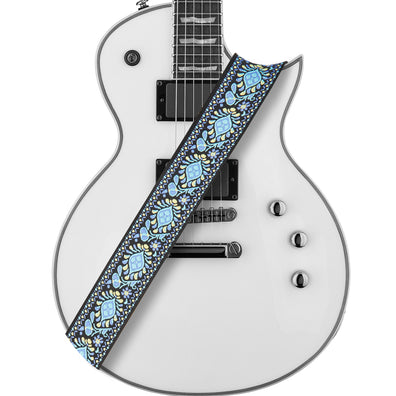 AMUMU Guitar Strap – 2" Blue Vintage Floral Tapestry, Soft Cotton Back, Vegan Leather Ends, Adjustable 36"-63", for Acoustic, Electric & Bass Guitars -CO06E-BL-V